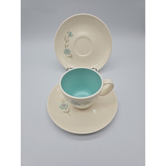 Taylor Smith  BOUTONNIERE Aqua Blue Floral  Coffee Cup & 2 Saucers NICE - Picture 2 of 8